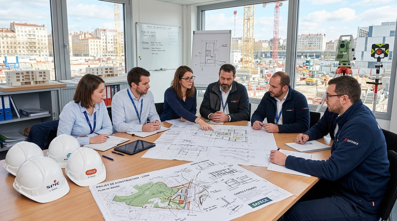 FP CONSTRUCTION engineers and site coordinators reviewing construction blueprints and plans